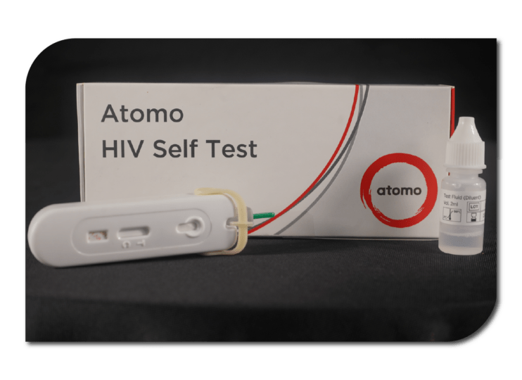 A box of Atomo HIV self-test and a liquid bottle, essential for conducting self-testing at home