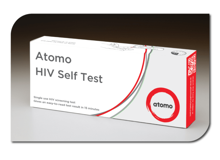 A box of Atomo HIV self-test kit, designed for convenient and private testing at home