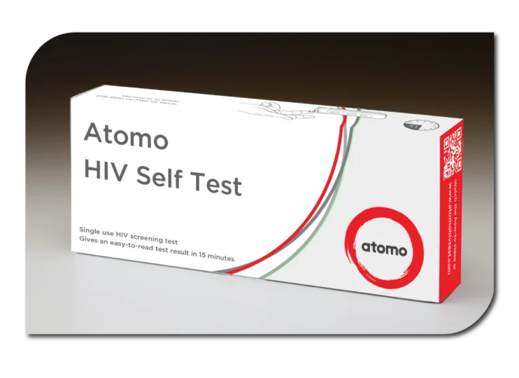 A box of Atomo HIV self-test kit, designed for convenient and private testing at home