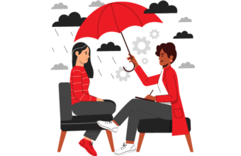 A woman providing therapy to another woman, sheltering her from rain with an umbrella