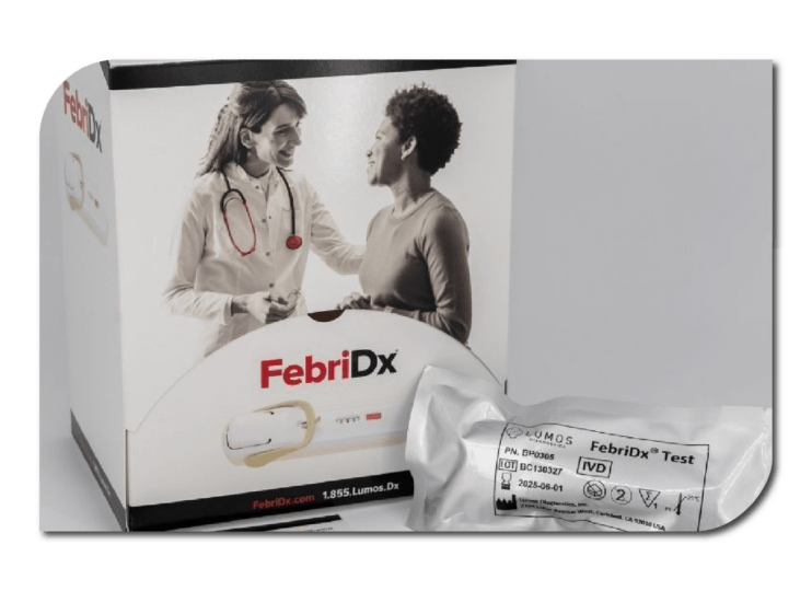 A box of FebriDx placed beside its packet, showcasing the product.
