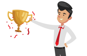 A vector image of a businessman proudly holding a trophy, symbolising success and achievement in business