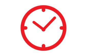 A red clock icon on a white background, representing time