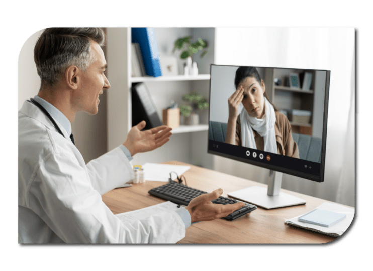 A doctor consults with a patient via video call on a computer screen
