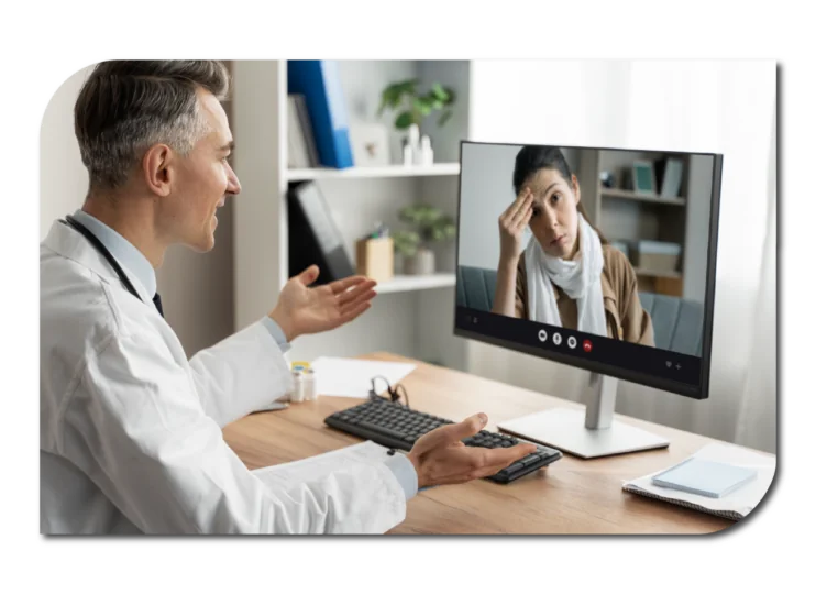 A doctor consults with a patient via video call on a computer screen