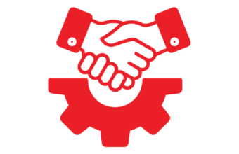 Red and white logo featuring two hands shaking over a half cog, symbolising partnership and agreement.