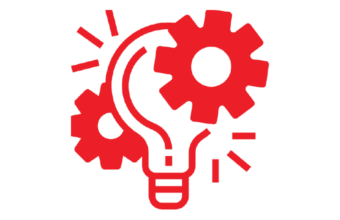A red light bulb with visible gears inside, representing the concept of innovation and creativity.