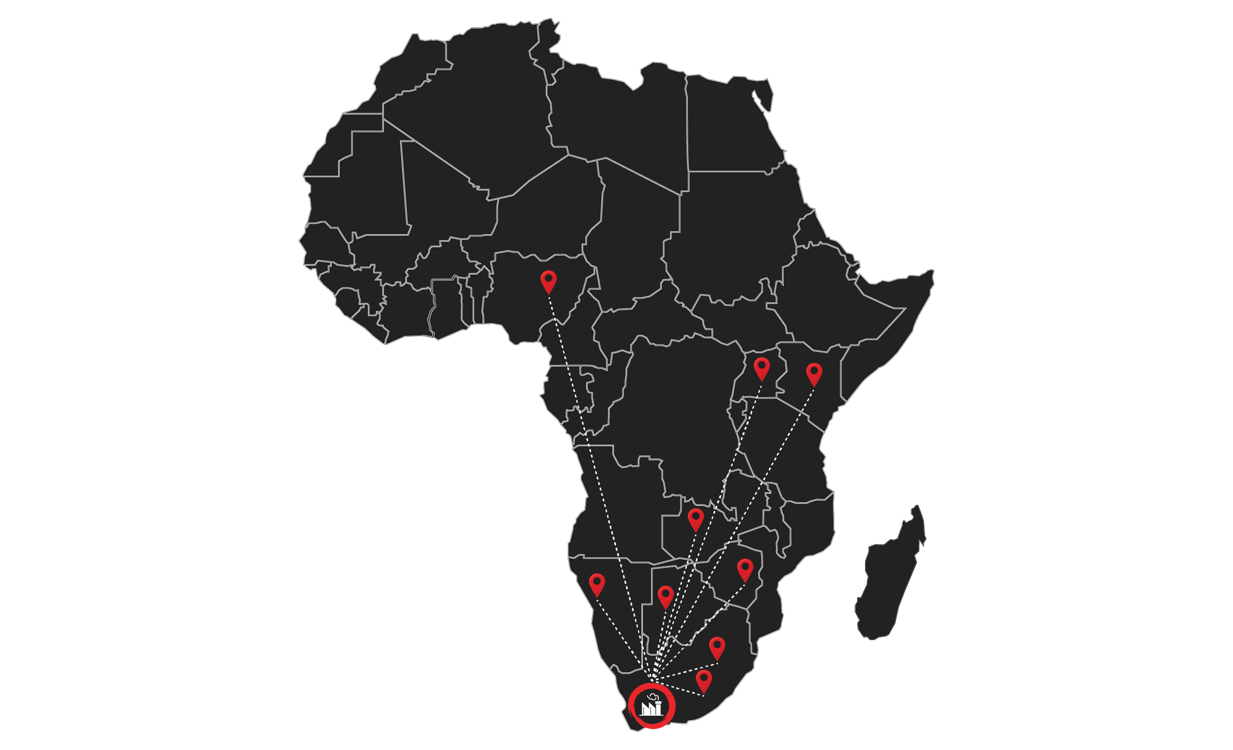 A map of Africa featuring red dots indicating specific locations across the continent.